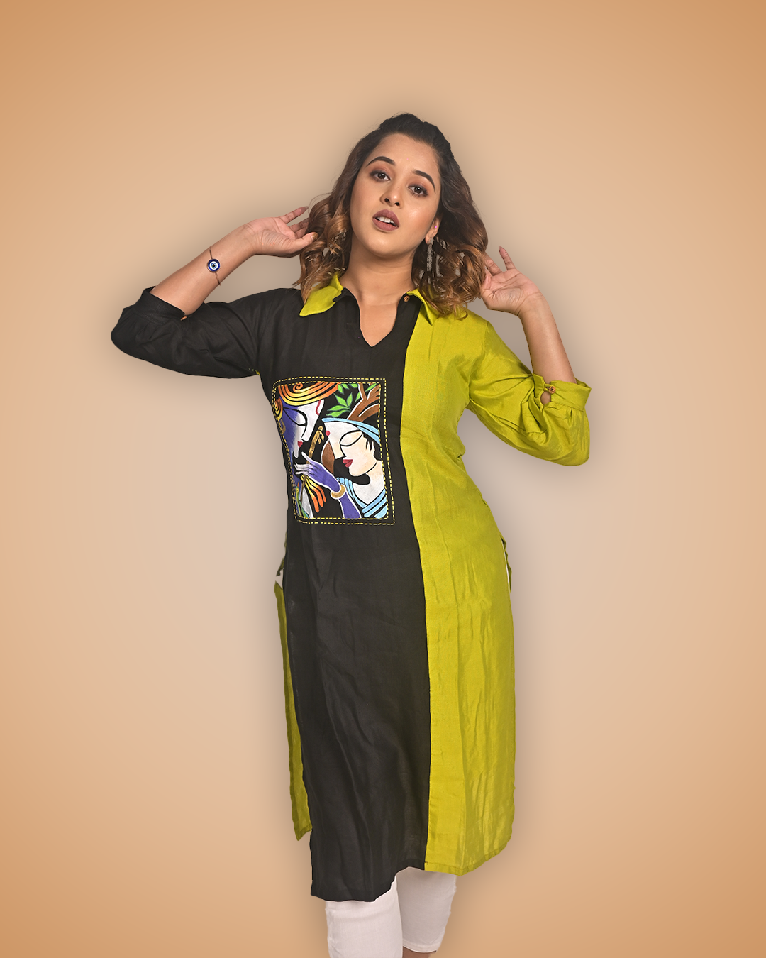 Linen Hand-Printed & Embroidered Fusion Kurti