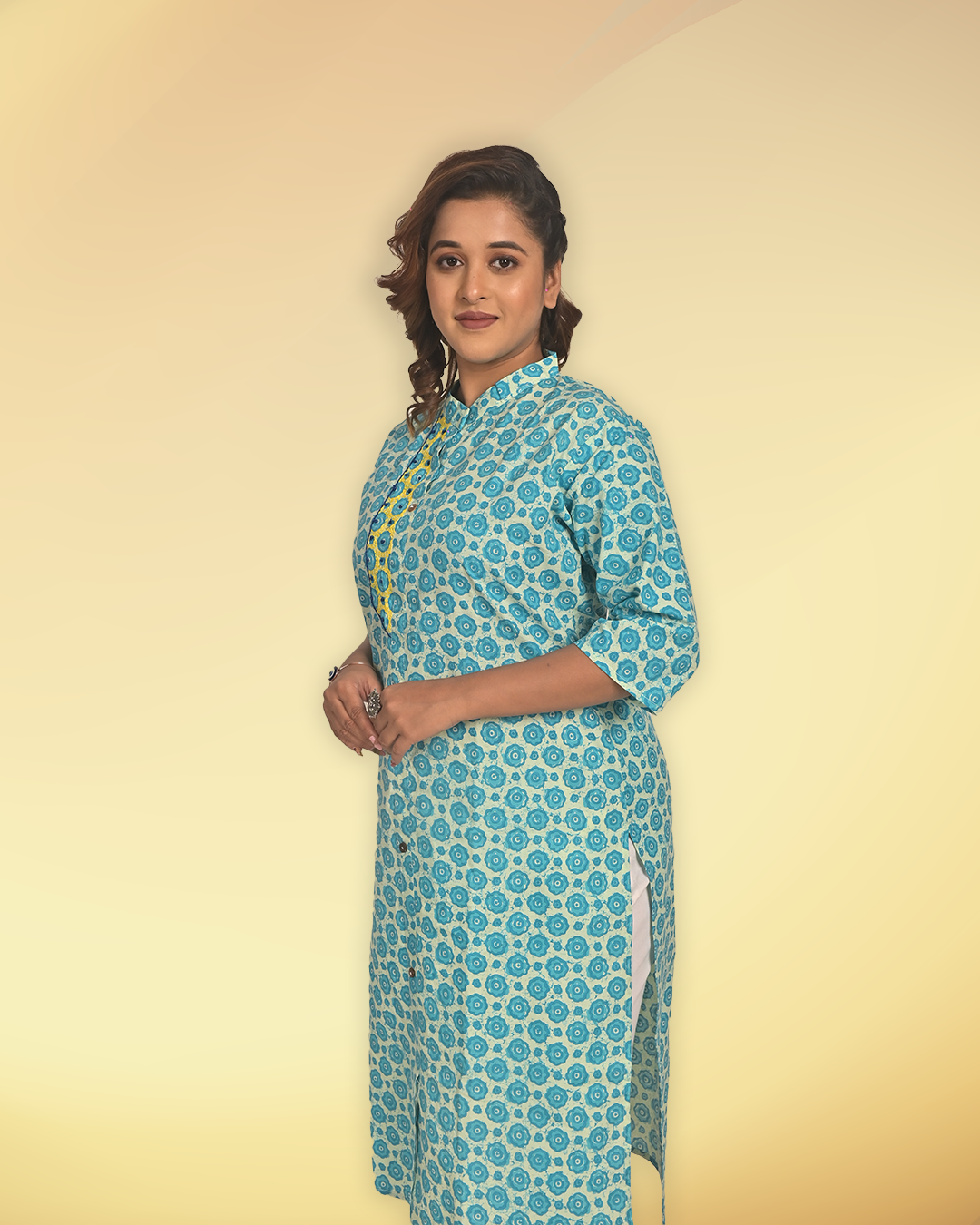 Aqua Blue Handblock Print Cotton Kurti – Elegant Everyday Wear