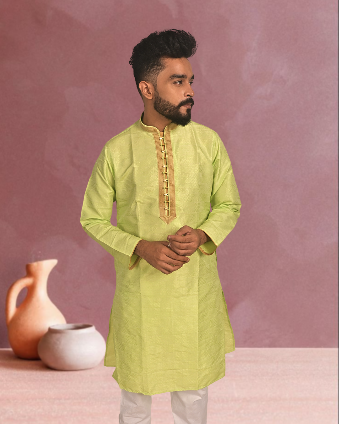Premium Light Green Silk Kurta with Embroidery