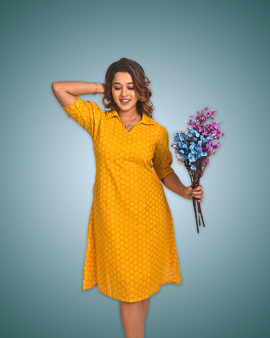 Sunny Hakoba Chikankari Cotton Dress – Yellow Elegance