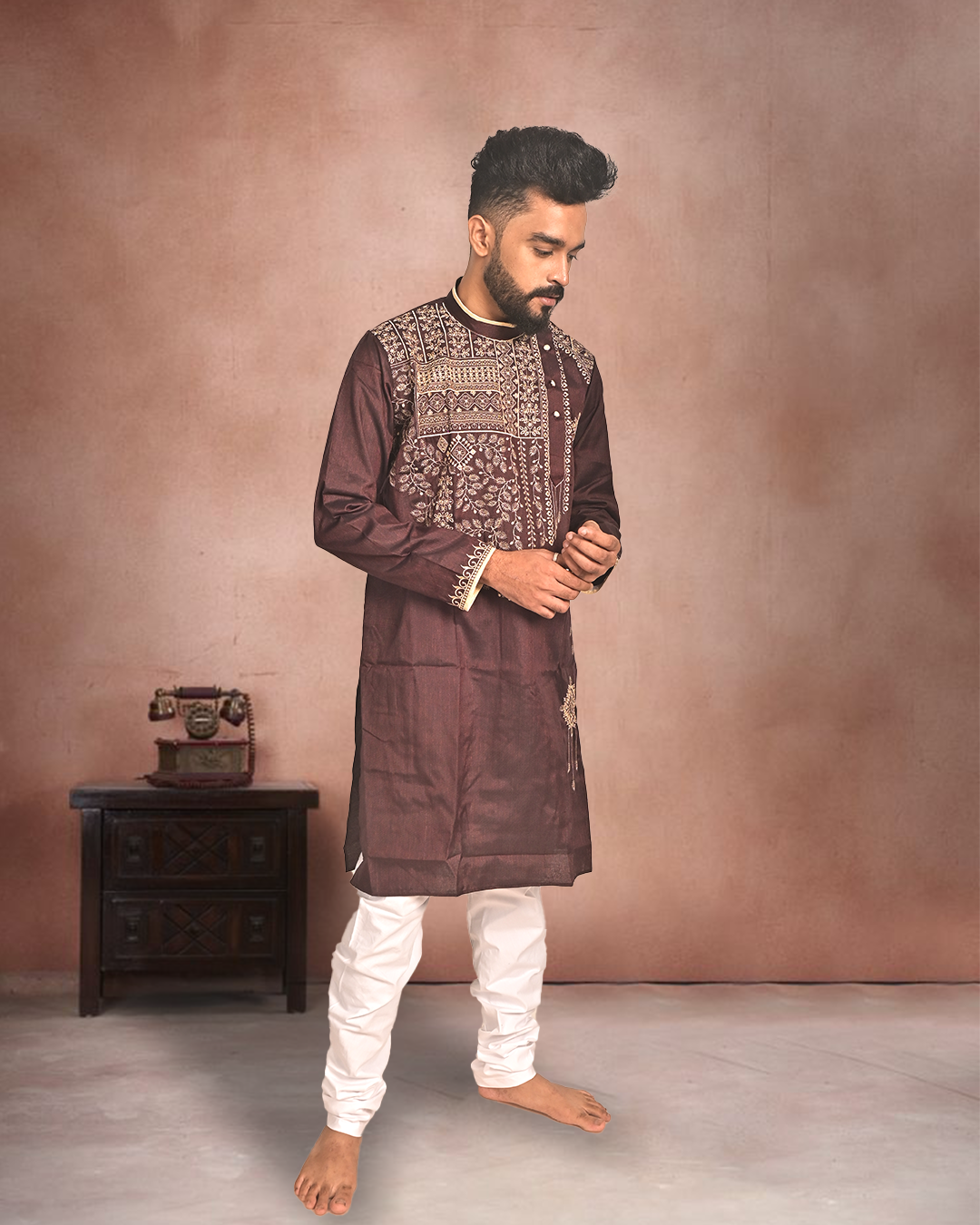 Elegant Brown Cotton Kurta with Embroidery