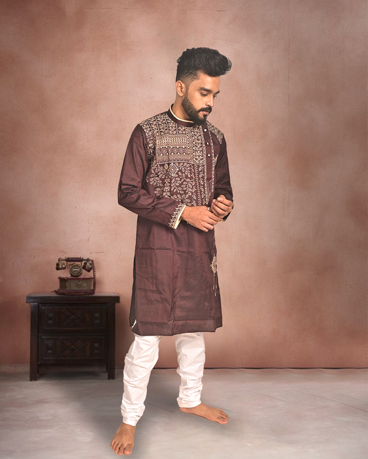 Elegant Brown Cotton Kurta with Embroidery