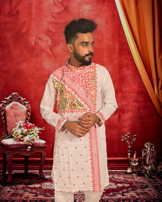 Premium Embroidered White Cotton Kurta for Men