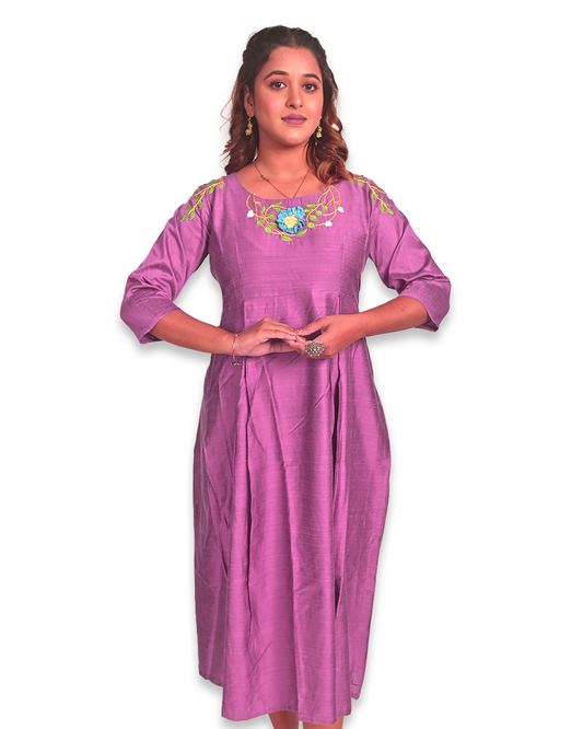 Purple Dupion Silk Hand-Embroidered Dress
