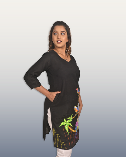 Black Linen Kurti with Hand Embroidery & Bird Print