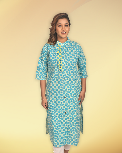 Aqua Blue Handblock Print Cotton Kurti – Elegant Everyday Wear