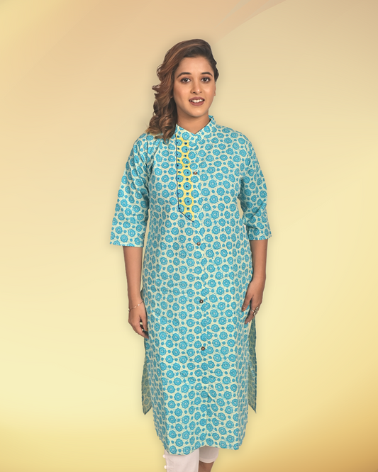 Aqua Blue Handblock Print Cotton Kurti – Elegant Everyday Wear