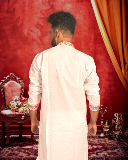 Premium Embroidered White Cotton Kurta for Men
