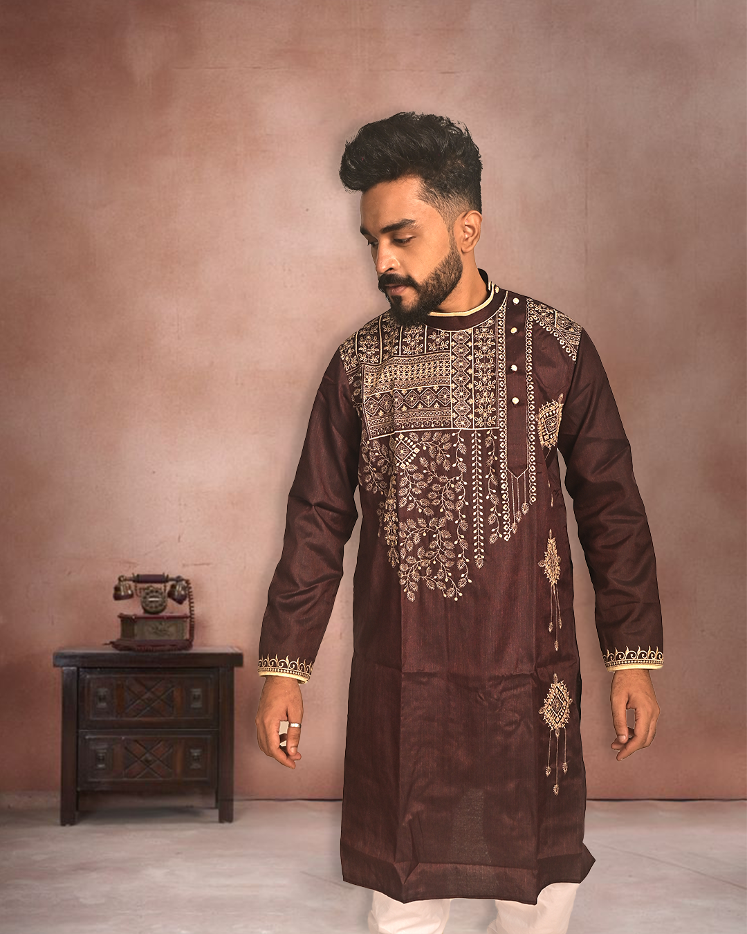 Elegant Brown Cotton Kurta with Embroidery