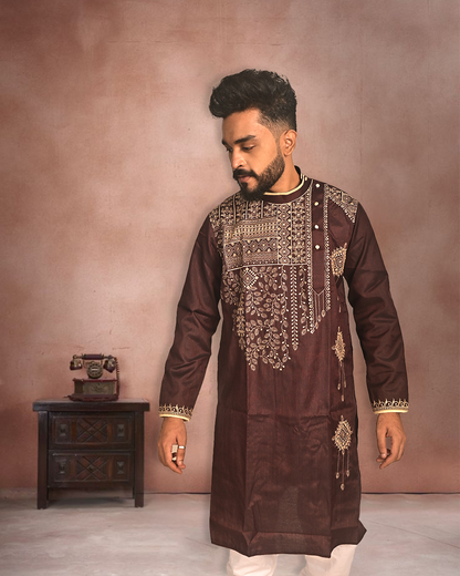 Elegant Brown Cotton Kurta with Embroidery