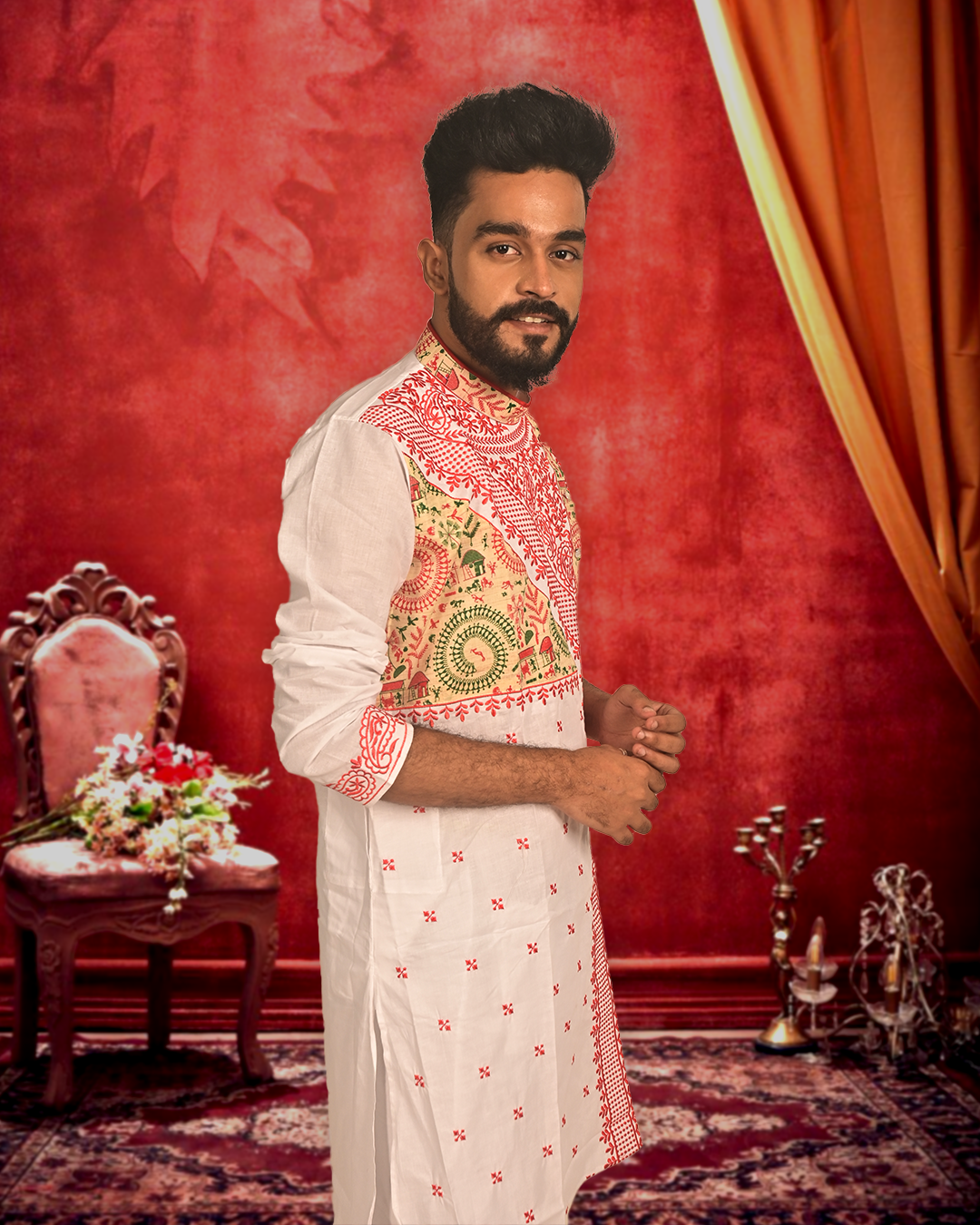 Premium Embroidered White Cotton Kurta for Men