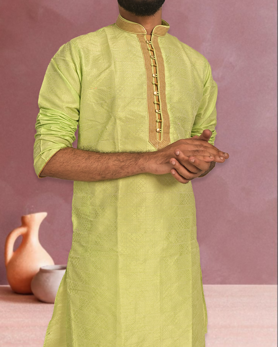 Premium Light Green Silk Kurta with Embroidery