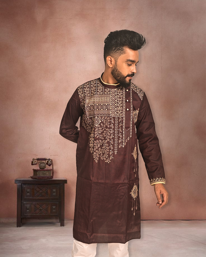 Elegant Brown Cotton Kurta with Embroidery