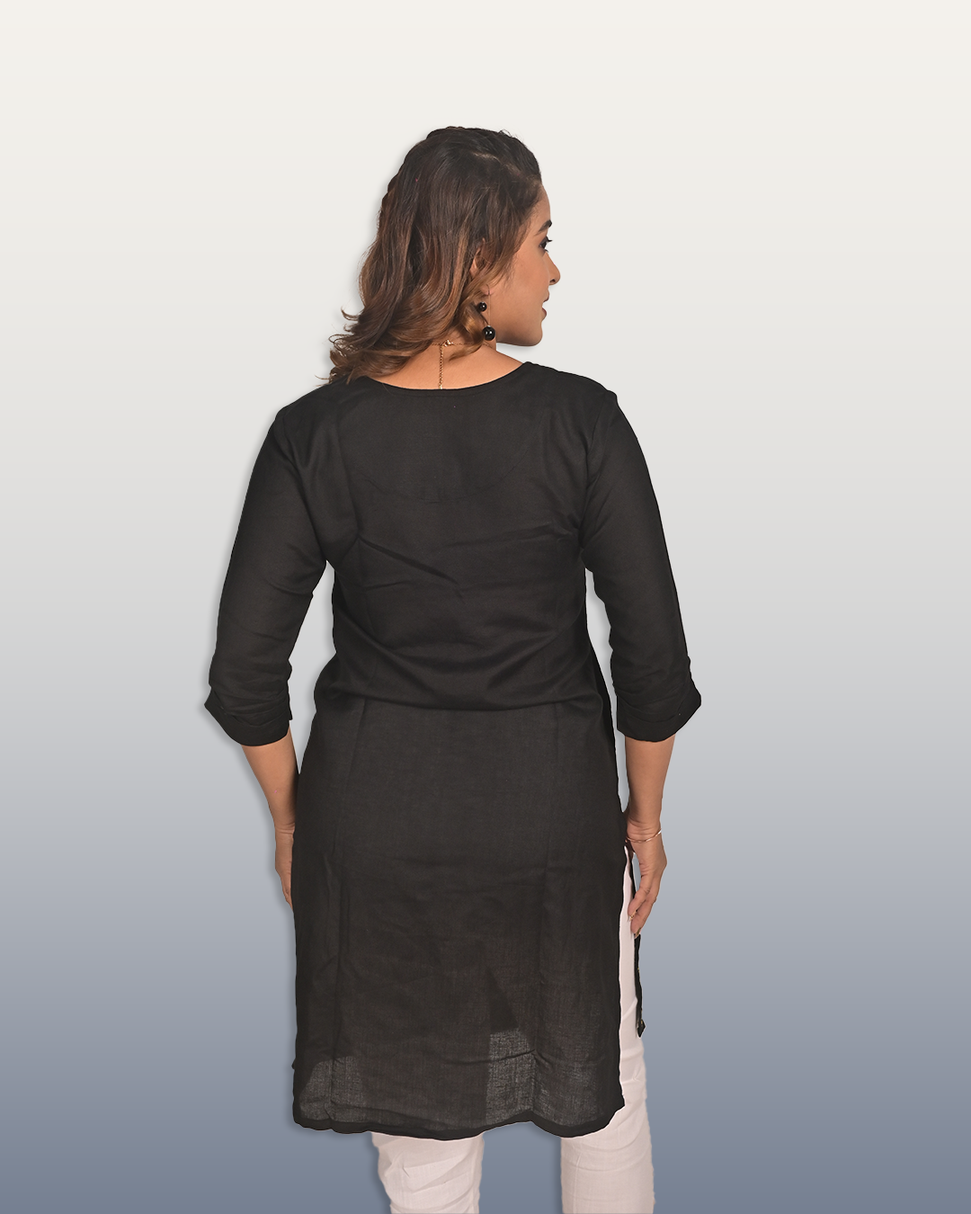 Black Linen Kurti with Hand Embroidery & Bird Print