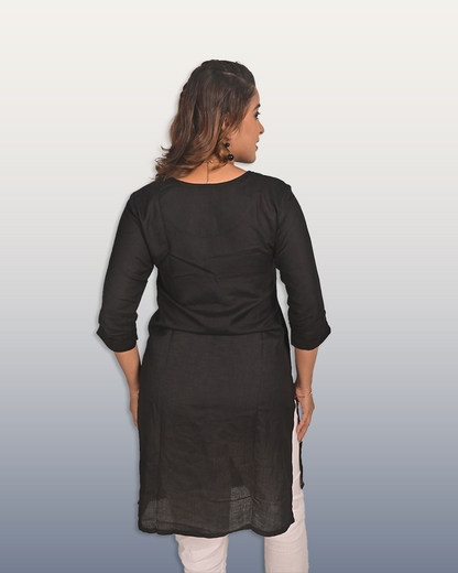 Black Linen Kurti with Hand Embroidery & Bird Print