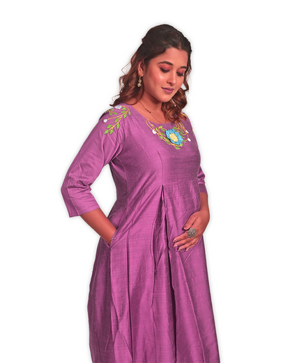 Purple Dupion Silk Hand-Embroidered Dress