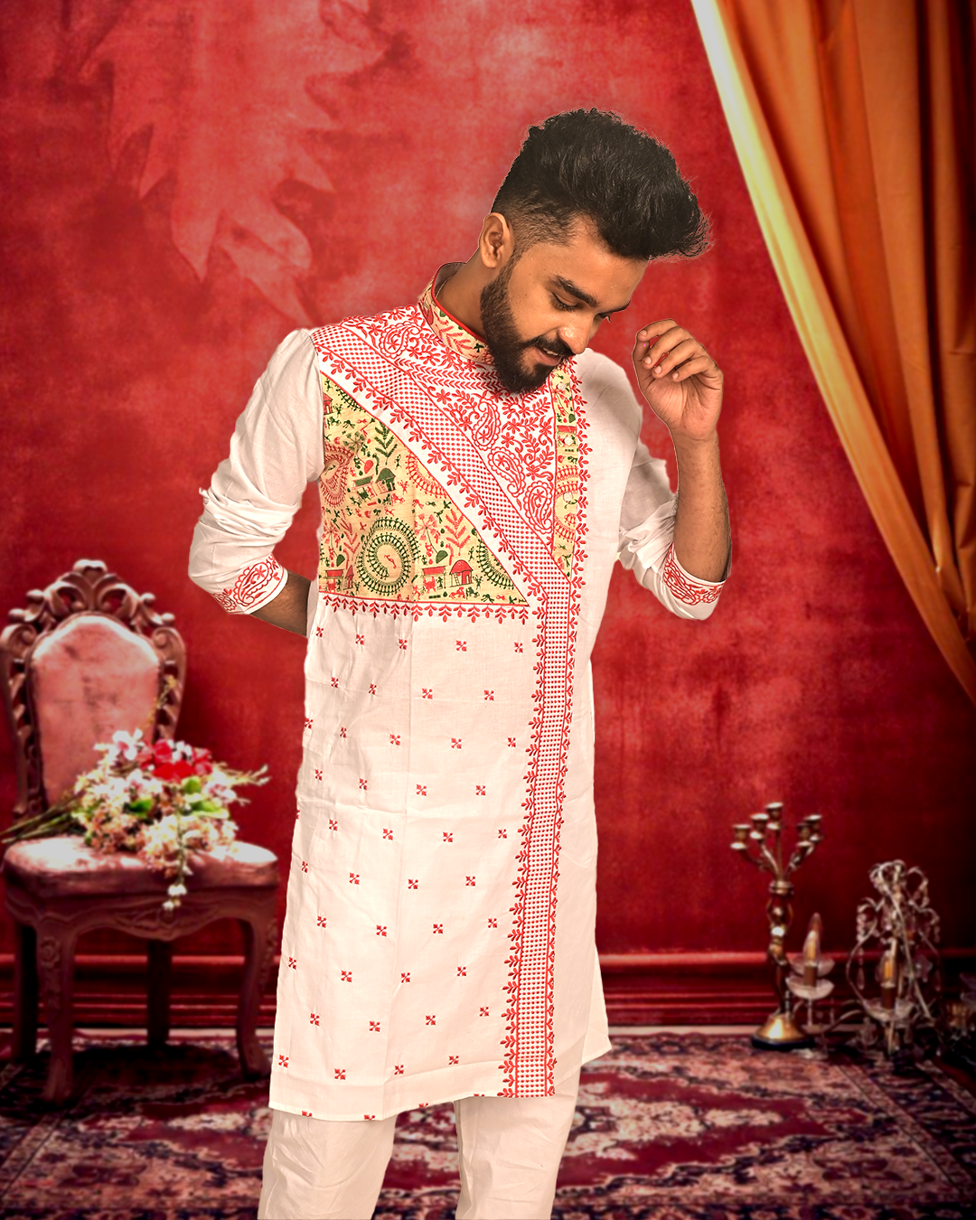 Premium Embroidered White Cotton Kurta for Men