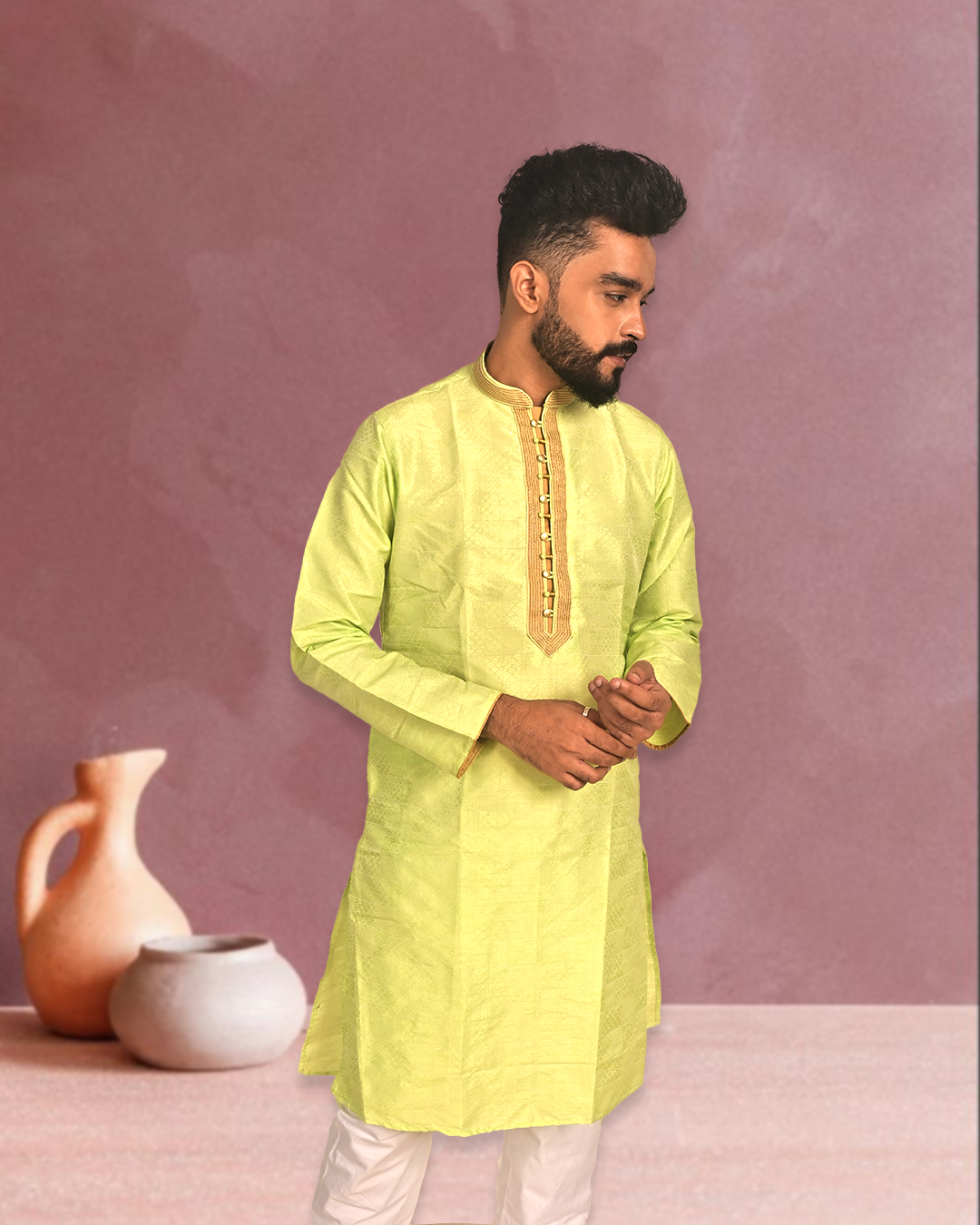 Premium Light Green Silk Kurta with Embroidery