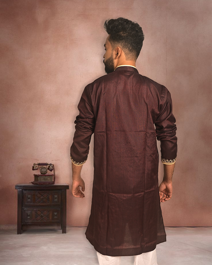 Elegant Brown Cotton Kurta with Embroidery