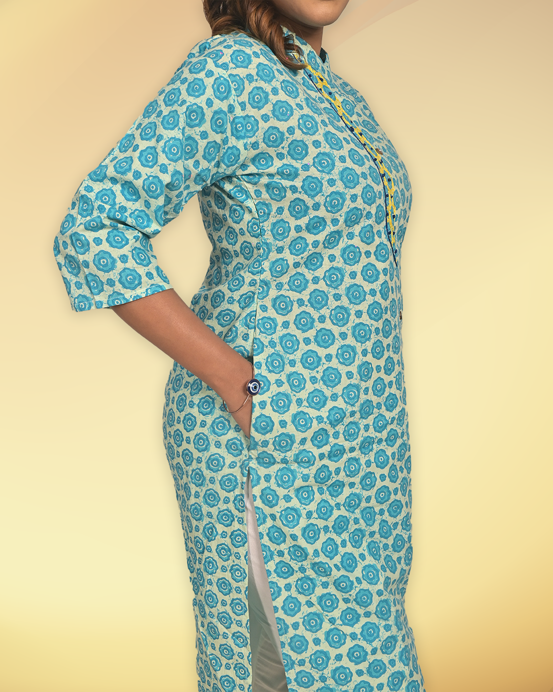 Aqua Blue Handblock Print Cotton Kurti – Elegant Everyday Wear