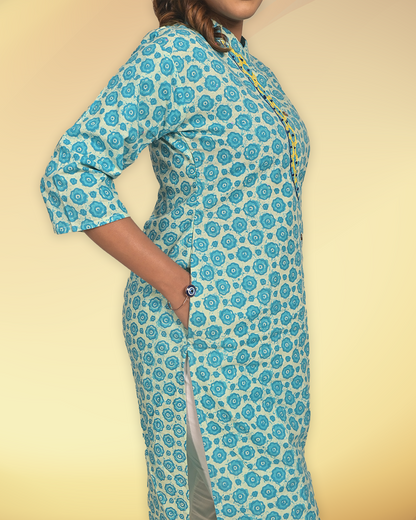 Aqua Blue Handblock Print Cotton Kurti – Elegant Everyday Wear
