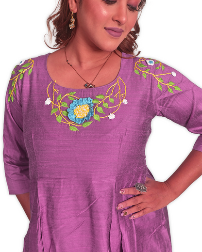 Purple Dupion Silk Hand-Embroidered Dress