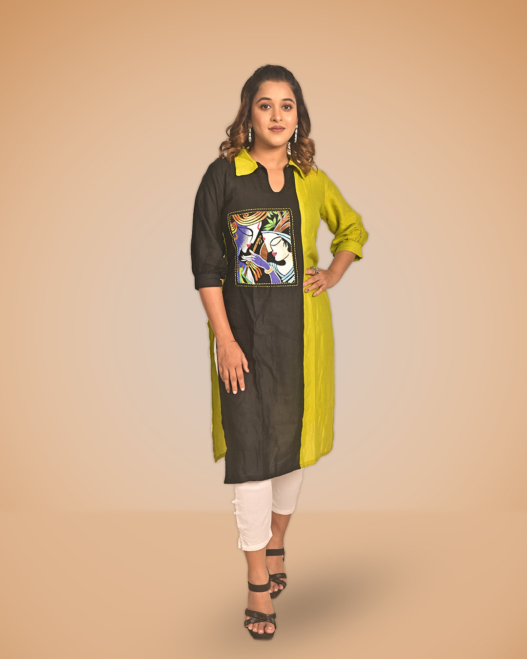 Linen Hand-Printed & Embroidered Fusion Kurti