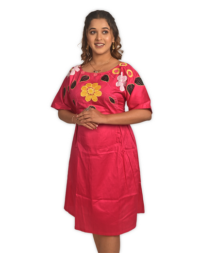 Pink Cotton Dress With Hand-Embroidered Floral design
