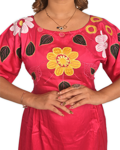Pink Cotton Dress With Hand-Embroidered Floral design