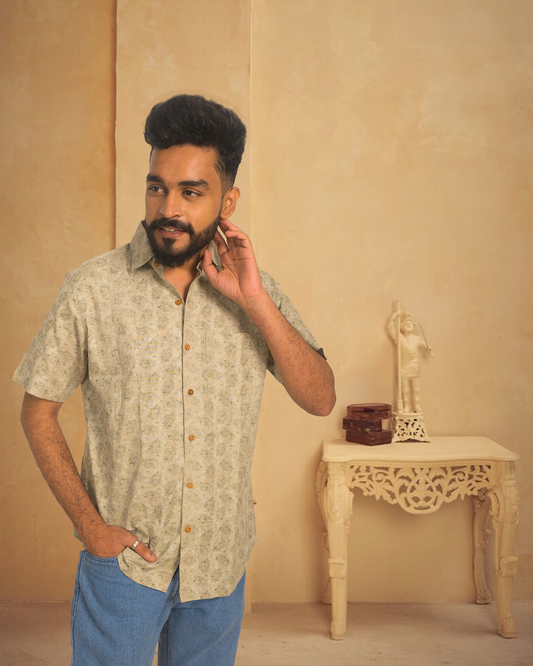 Elegant Khadi Cotton Printed Shirt – Half Sleeve