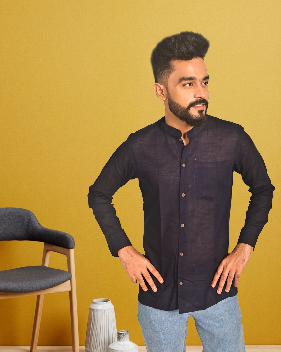 Pure Cotton Mandarin Collar Shirt for Men