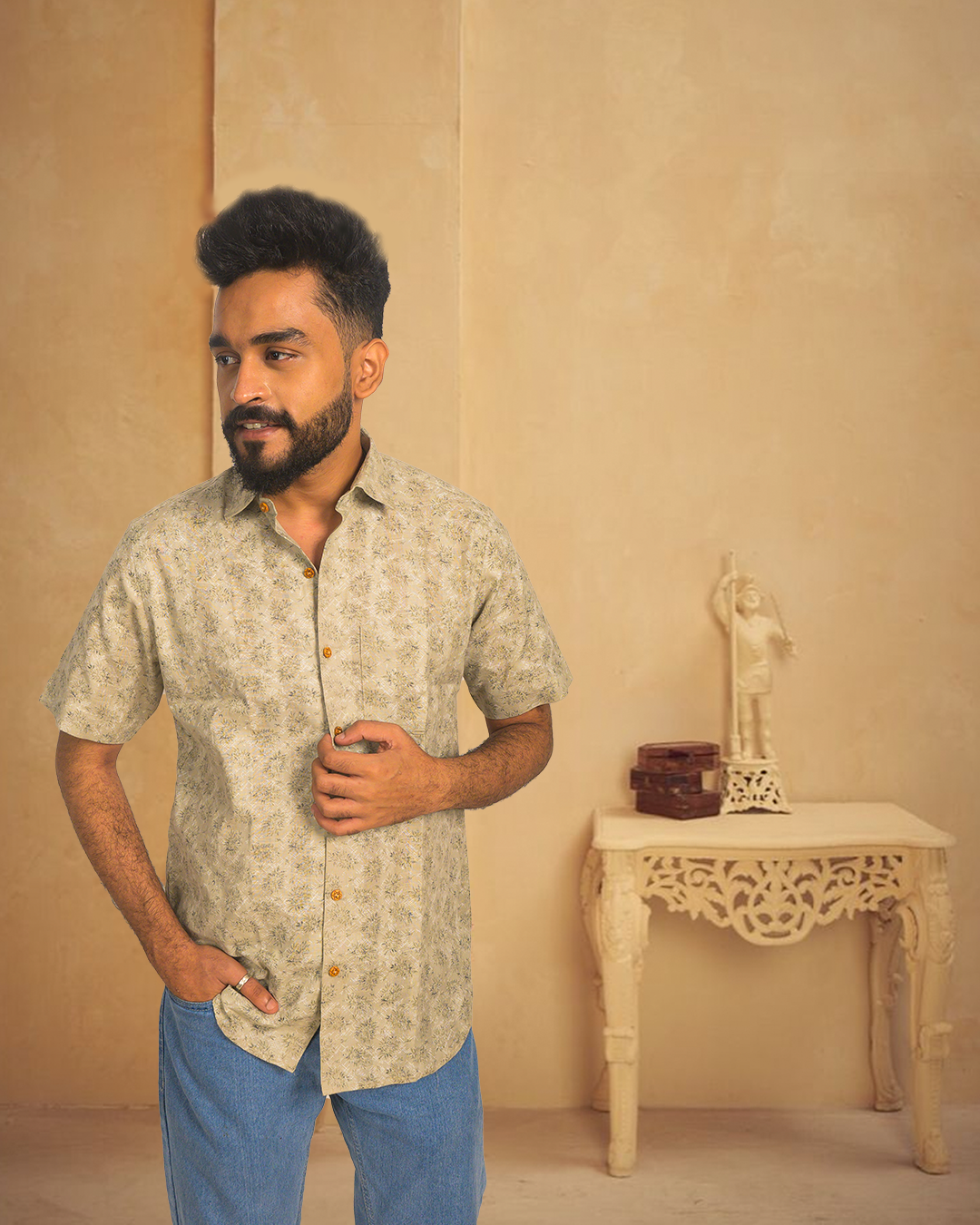 Elegant Khadi Cotton Printed Shirt – Half Sleeve