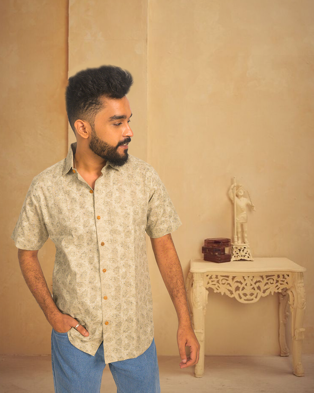 Elegant Khadi Cotton Printed Shirt – Half Sleeve