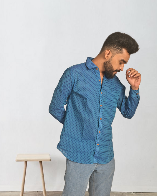 Classic Blue Khadi Cotton Printed Shirt for Men