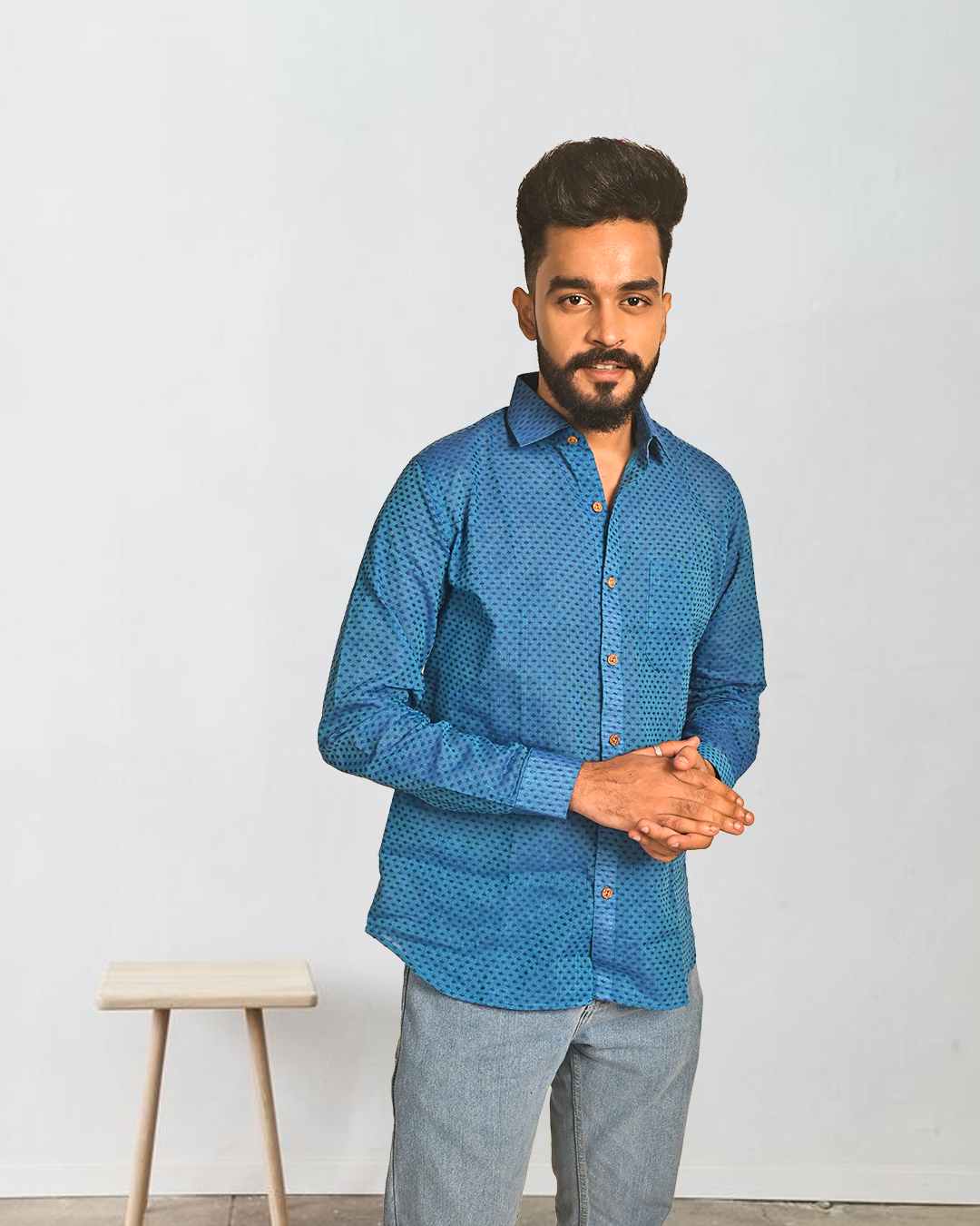 Classic Blue Khadi Cotton Printed Shirt for Men