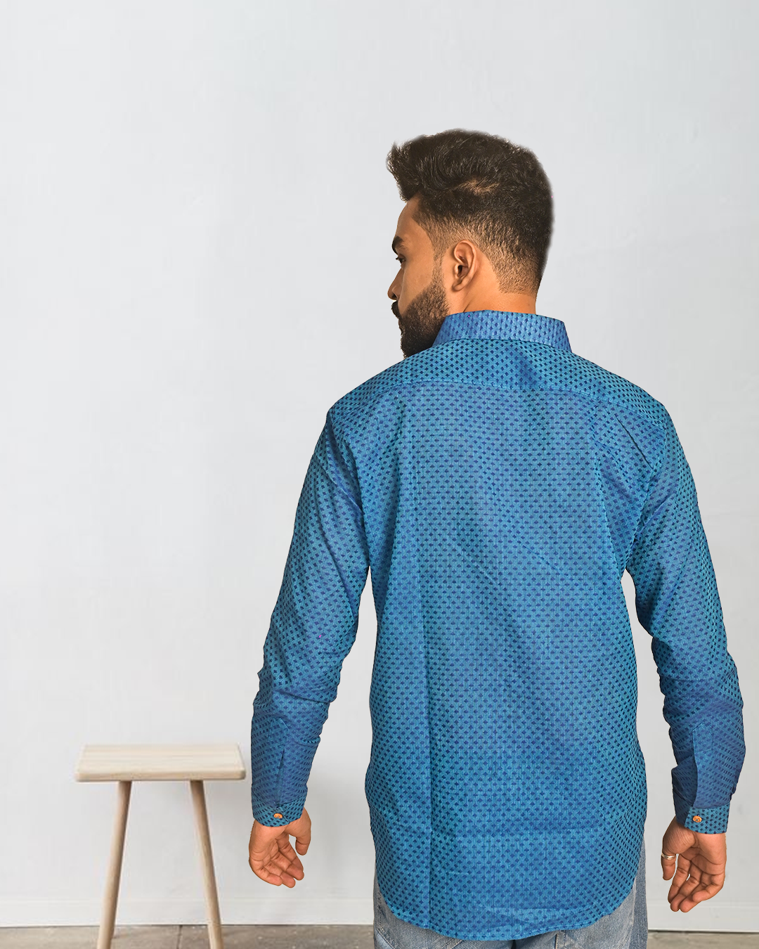 Classic Blue Khadi Cotton Printed Shirt for Men