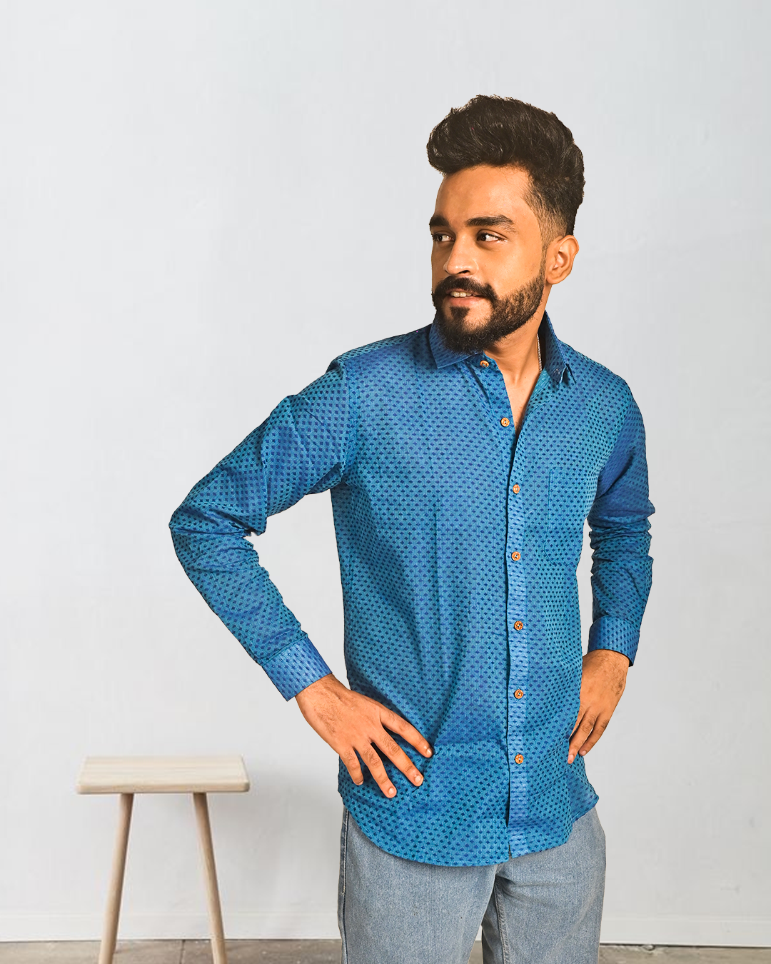 Classic Blue Khadi Cotton Printed Shirt for Men