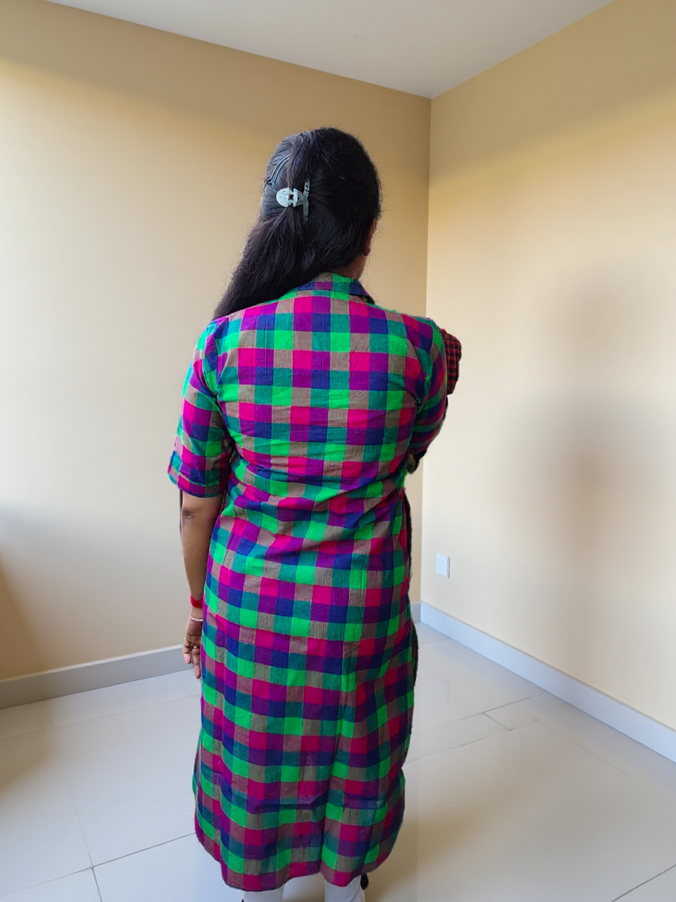 Women’s Handwoven Cotton Kurti – Multi-Color Checkered Design