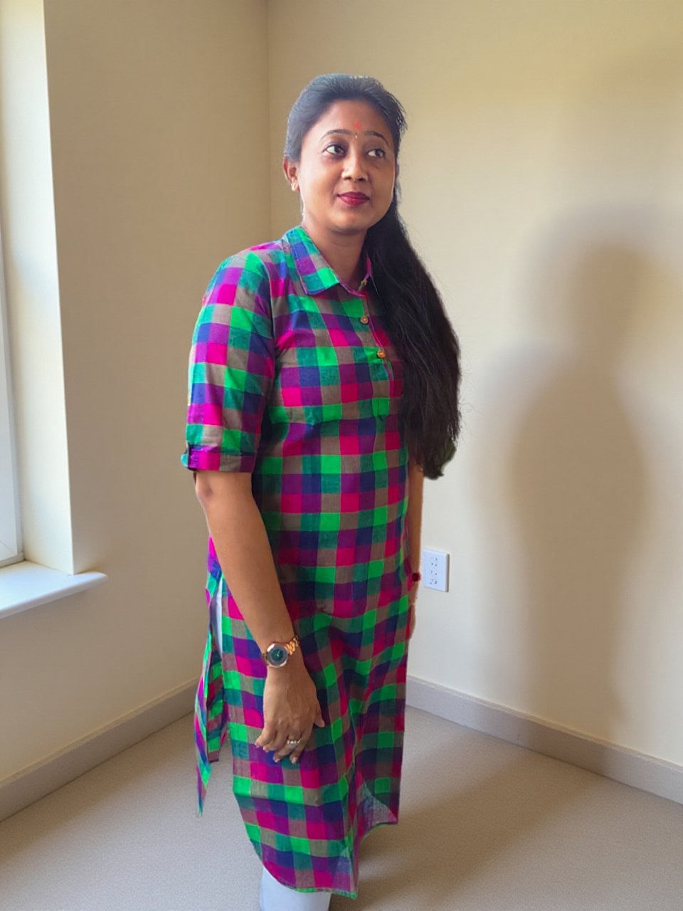 Women’s Handwoven Cotton Kurti – Multi-Color Checkered Design