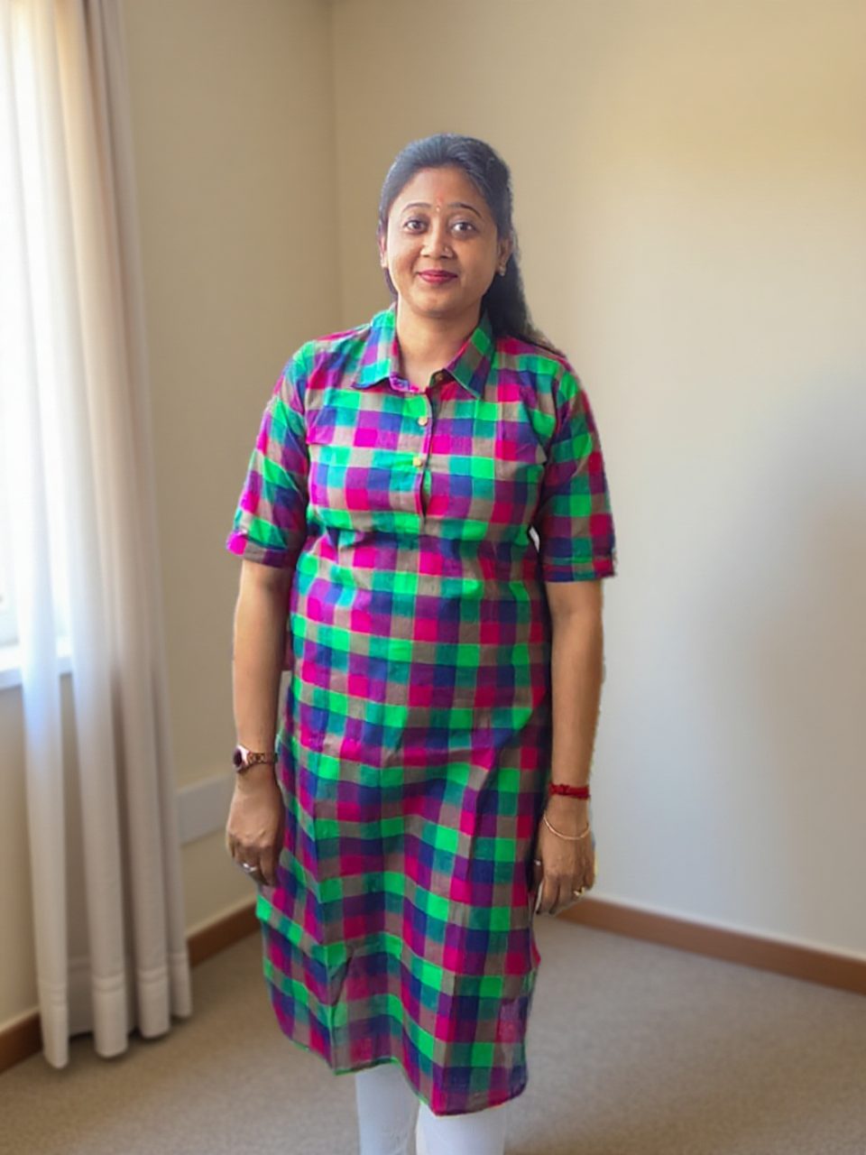 Women’s Handwoven Cotton Kurti – Multi-Color Checkered Design