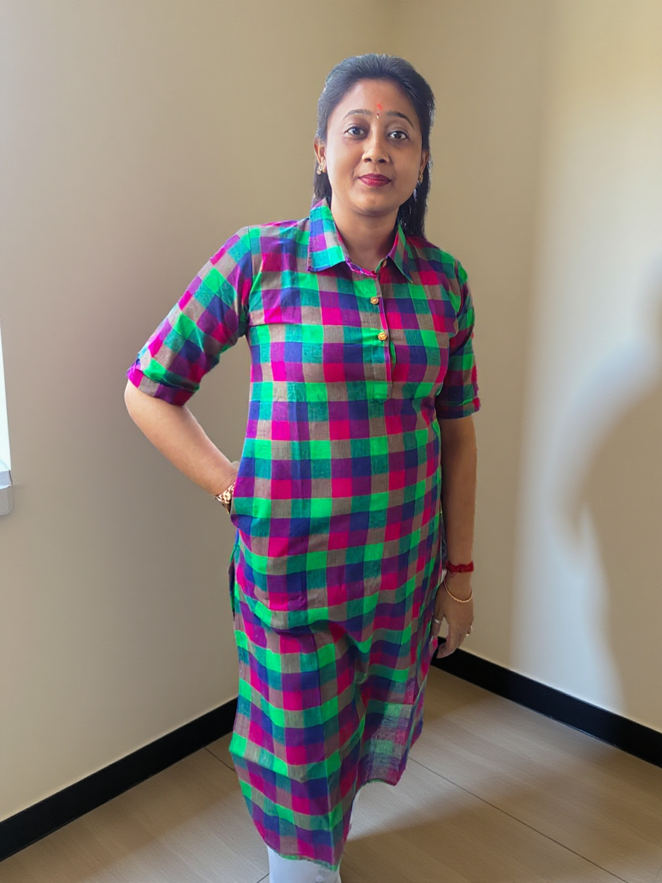 Women’s Handwoven Cotton Kurti – Multi-Color Checkered Design