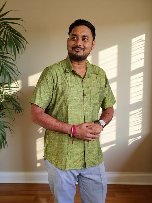 Men’s Handwoven Green Cotton Shirt – Casual & Stylish Wear
