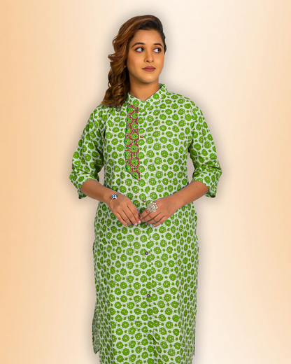 Aqua Blue Handblock Print Cotton Kurti – Elegant Everyday Wear
