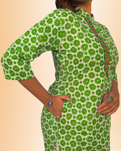 Aqua Blue Handblock Print Cotton Kurti – Elegant Everyday Wear
