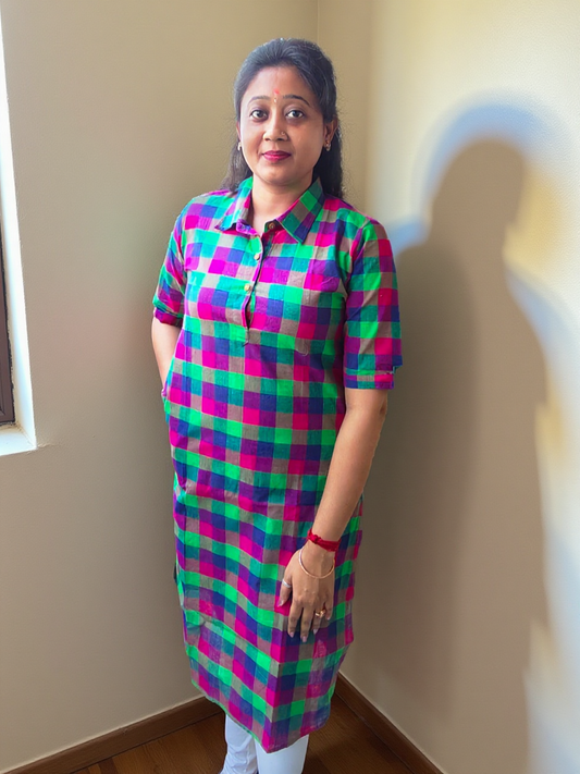 Women’s Handwoven Cotton Kurti – Multi-Color Checkered Design