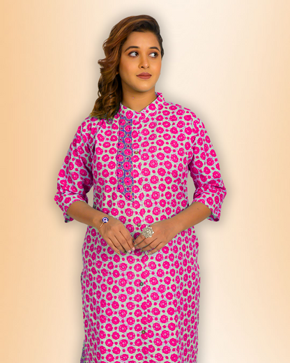 Aqua Blue Handblock Print Cotton Kurti – Elegant Everyday Wear