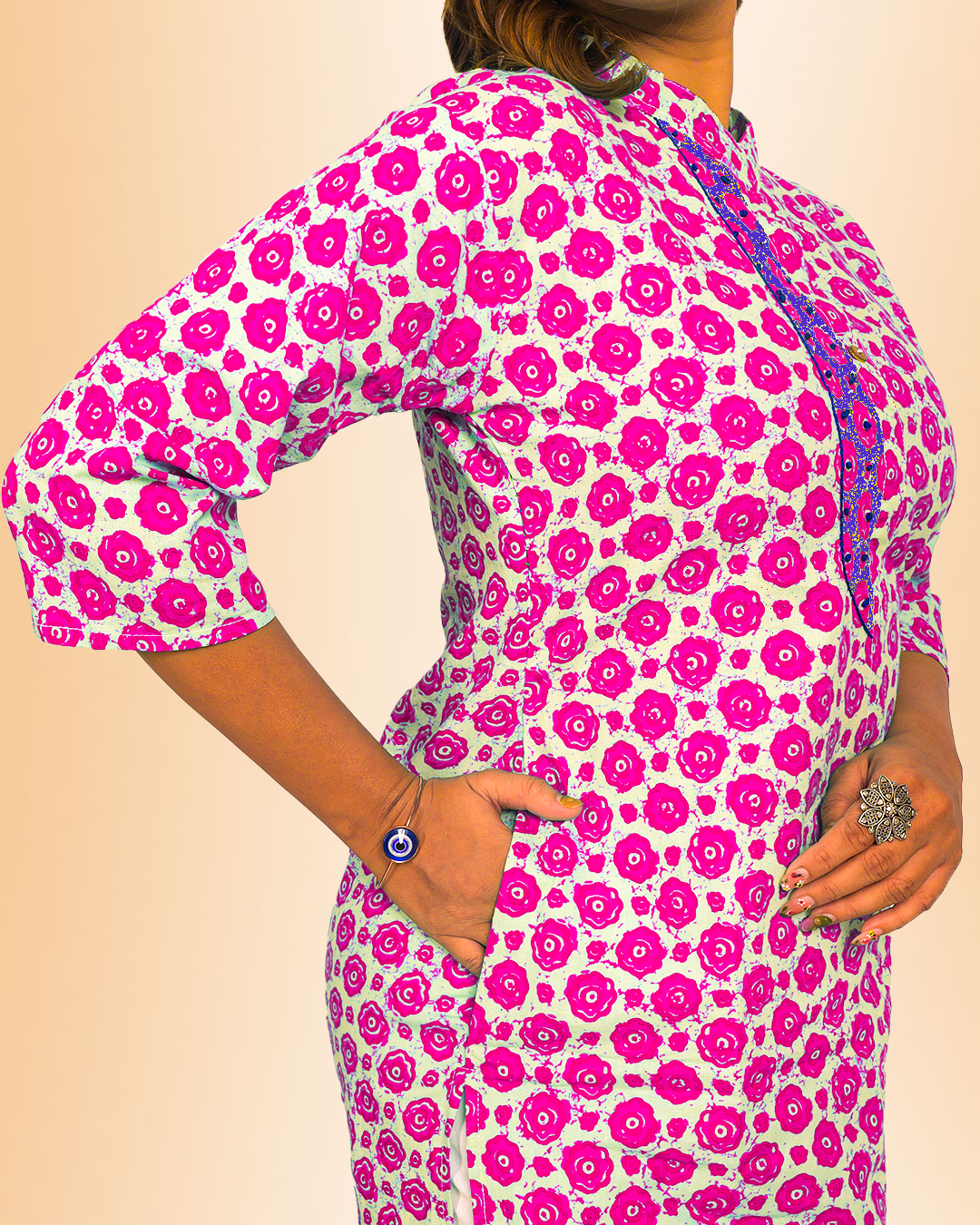 Aqua Blue Handblock Print Cotton Kurti – Elegant Everyday Wear
