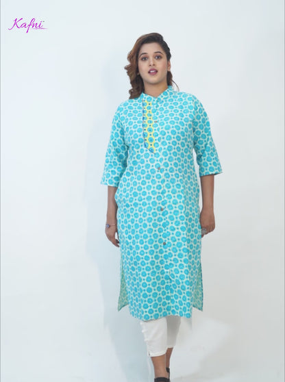 Aqua Blue Handblock Print Cotton Kurti – Elegant Everyday Wear