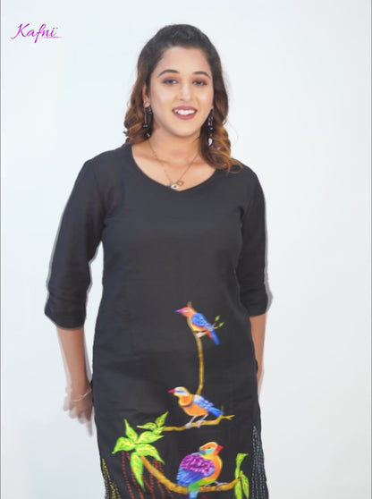 Black Linen Kurti with Hand Embroidery & Bird Print