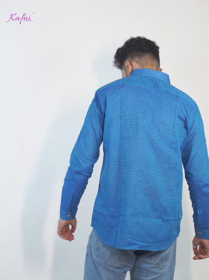 Classic Blue Khadi Cotton Printed Shirt for Men